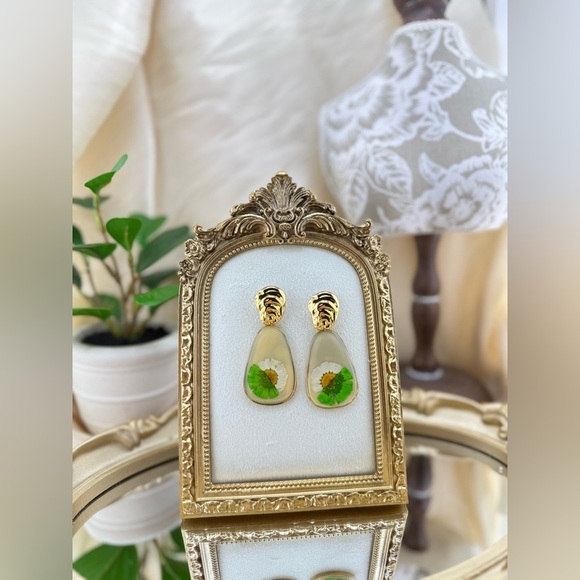Green Floral Enamel Drop Earrings – Gold Plated Stainless Steel - Picture 9 of 11